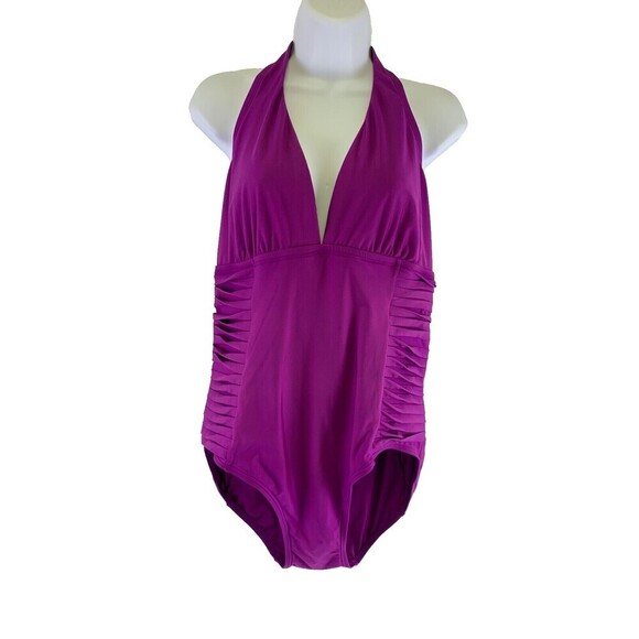 Calvin Klein Halter Swimsuit One Piece Pink Purple Side Pleated Tie V-Neck 14 - Picture 1 of 12
